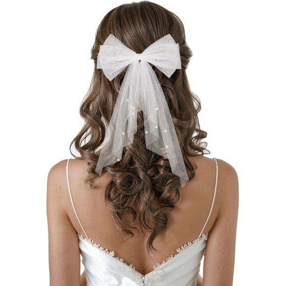 🆕Women White Clip Bachelorette Party Decorations Pearl Bow Accessories - Picture 1 of 9